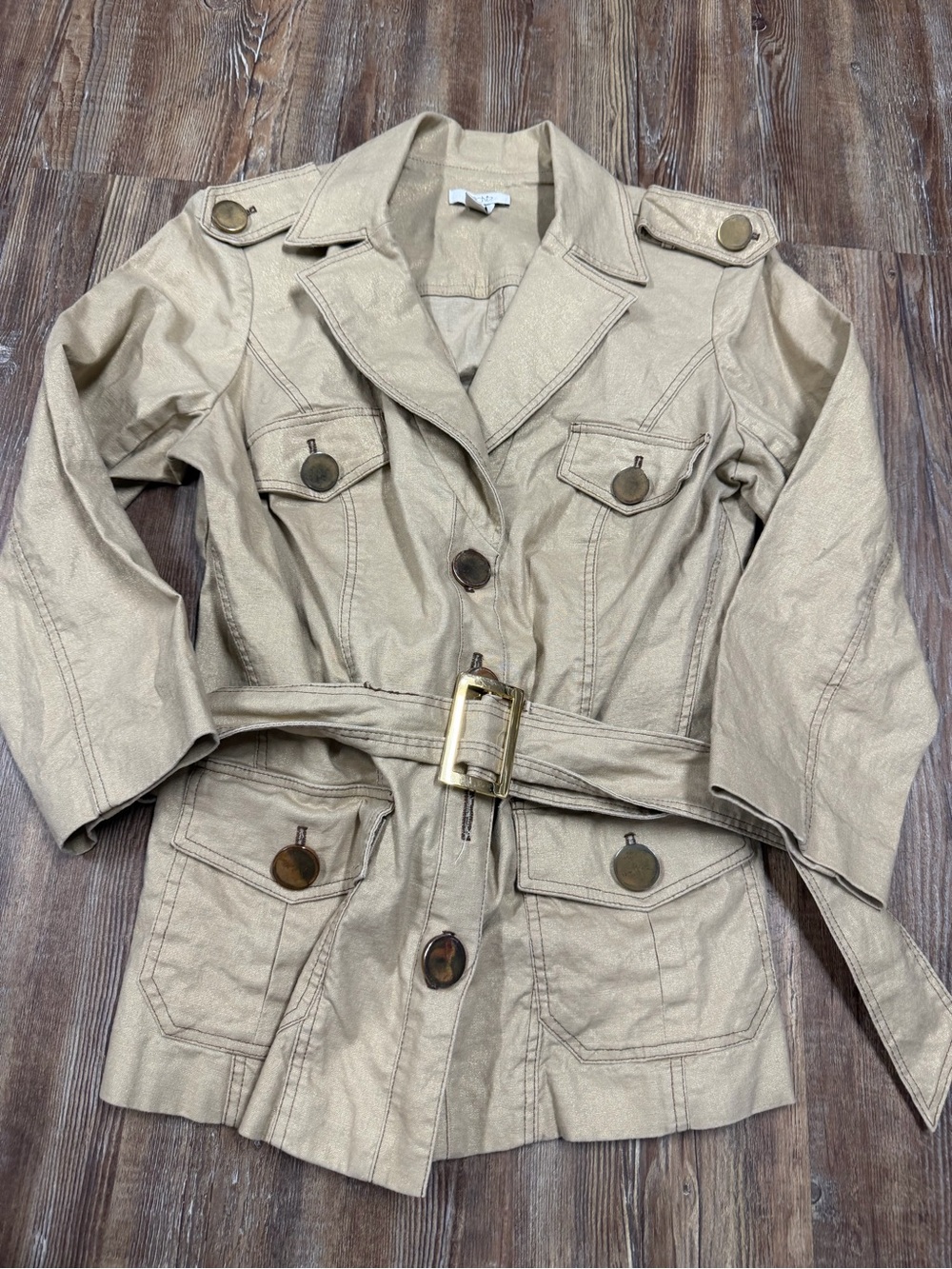 Y2K vintage Cache tan & cream trench coat with belt, size L missing button where